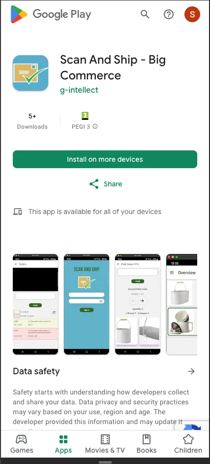Scan And Ship listing in the Android Play Store