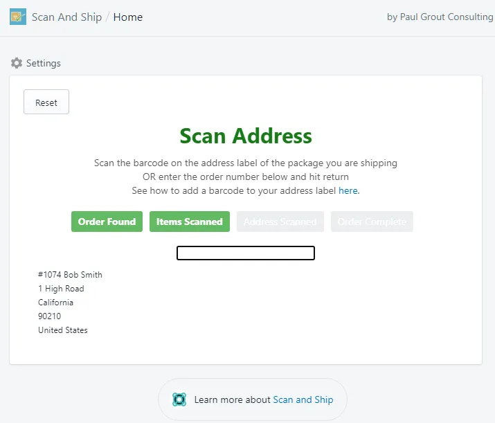 Scan And Ship screen confirming the scanned tracking number matches the order