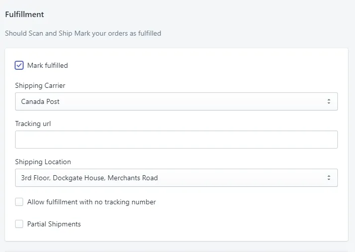 Scan And Ship settings page showing the Mark Fulfilled option and shipping carrier settings