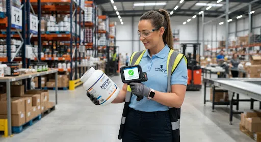 Warehouse picker scanning a supplement product barcode against the order