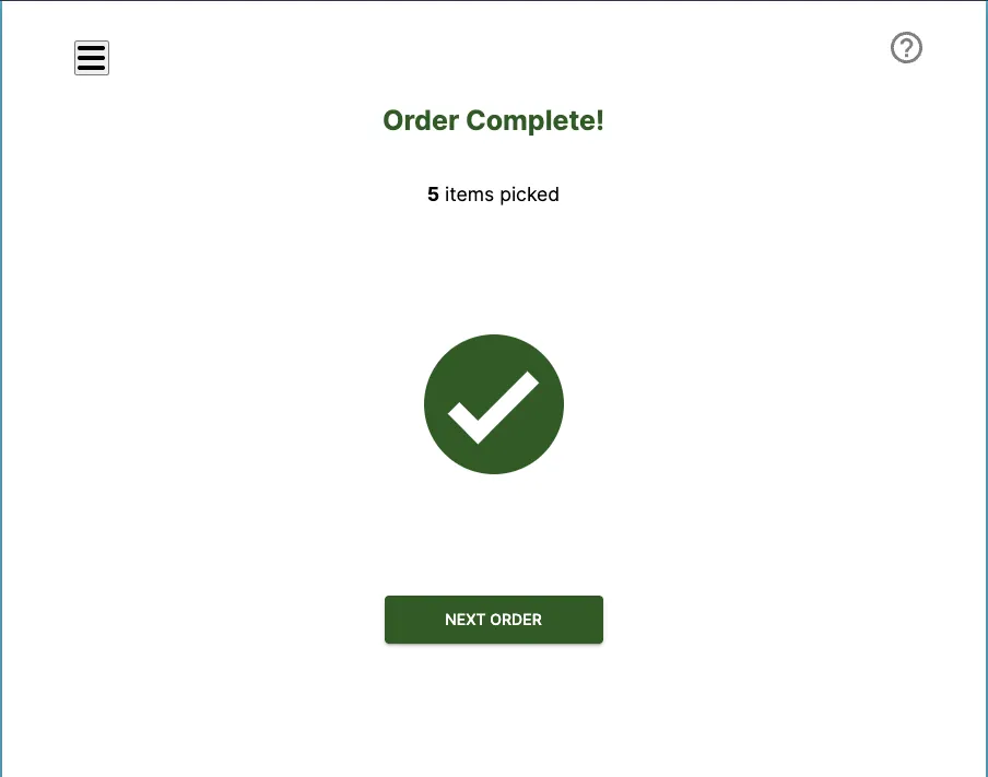 Order Complete screen summarizing the picked items