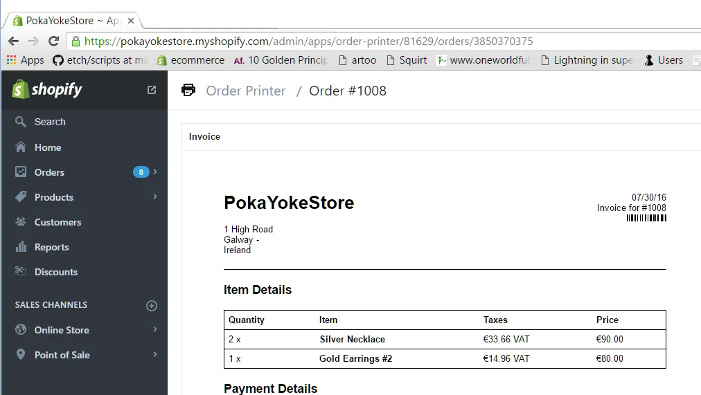 Invoice preview showing the order barcode printed on the packing slip