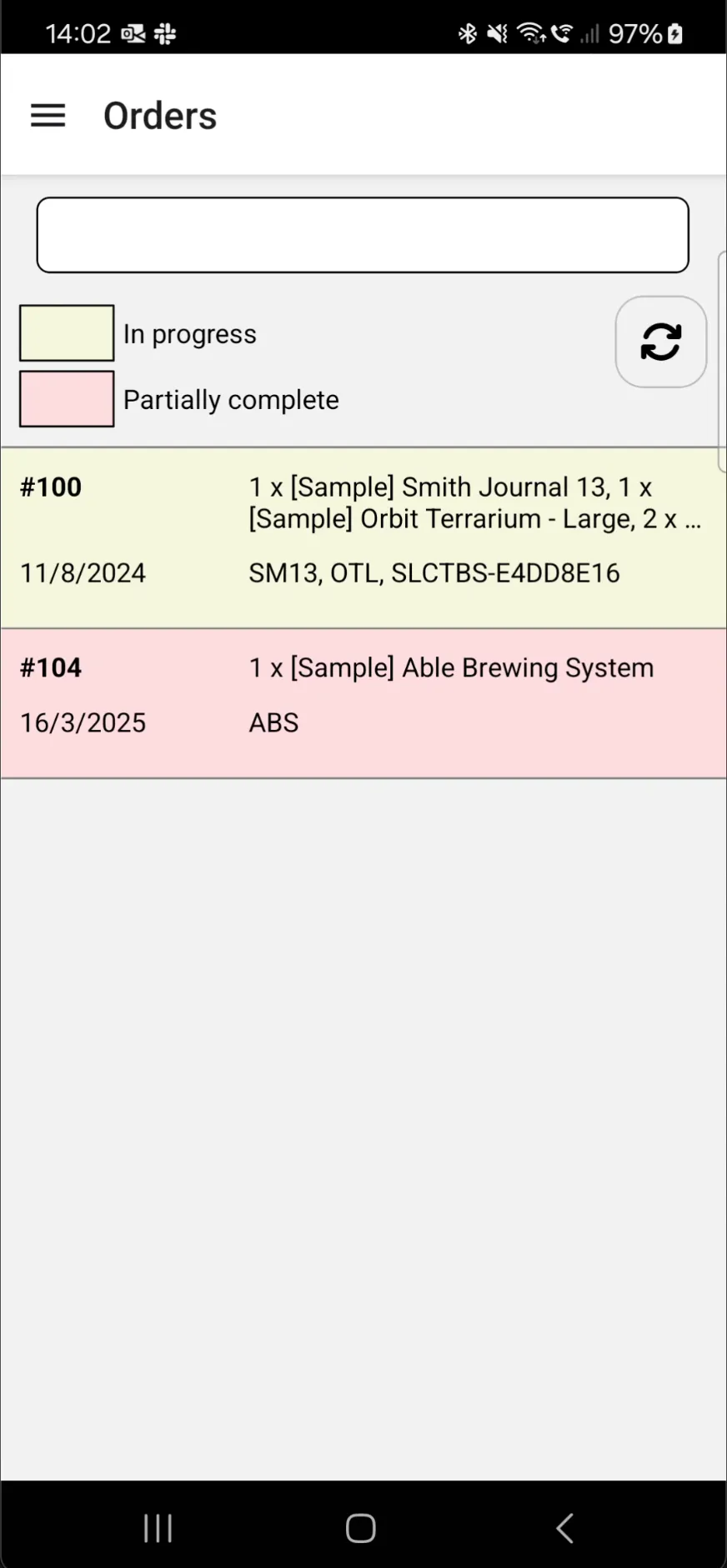 Scan And Ship Android app orders screen listing orders available to pick