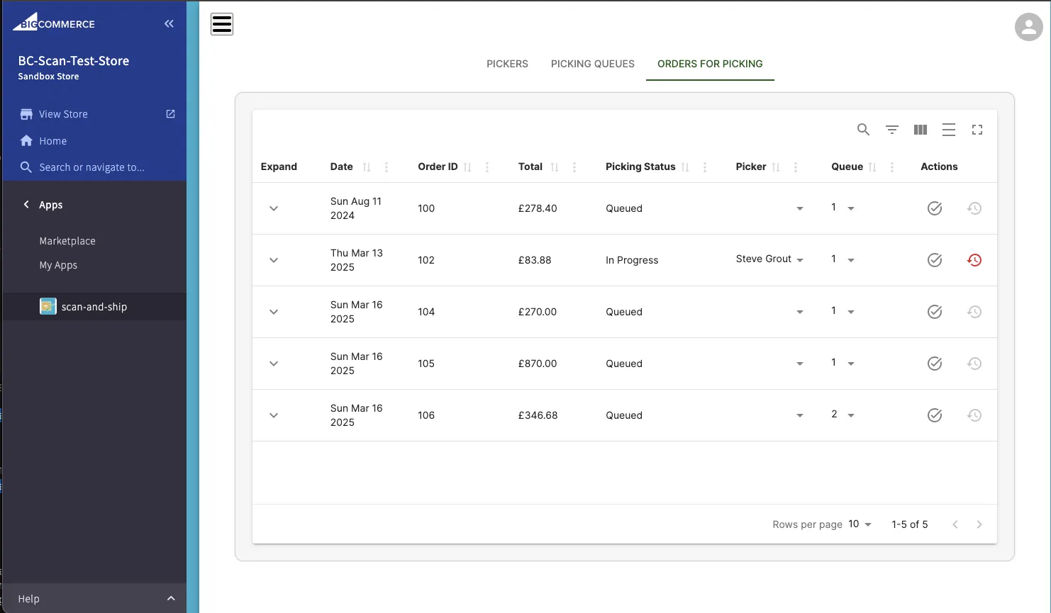 Orders for picking section of the Scan And Ship admin area