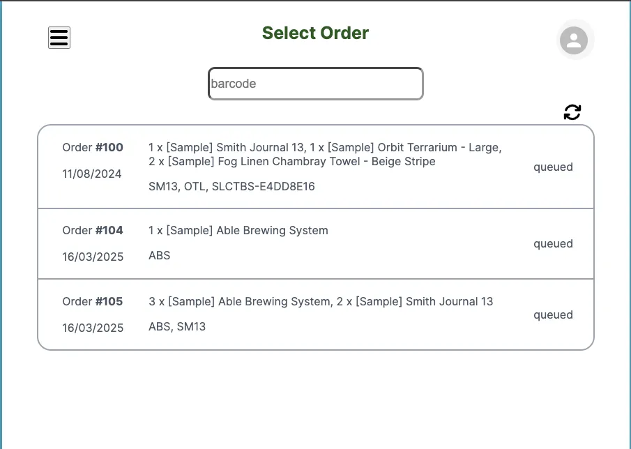 Orders screen listing orders available to pick