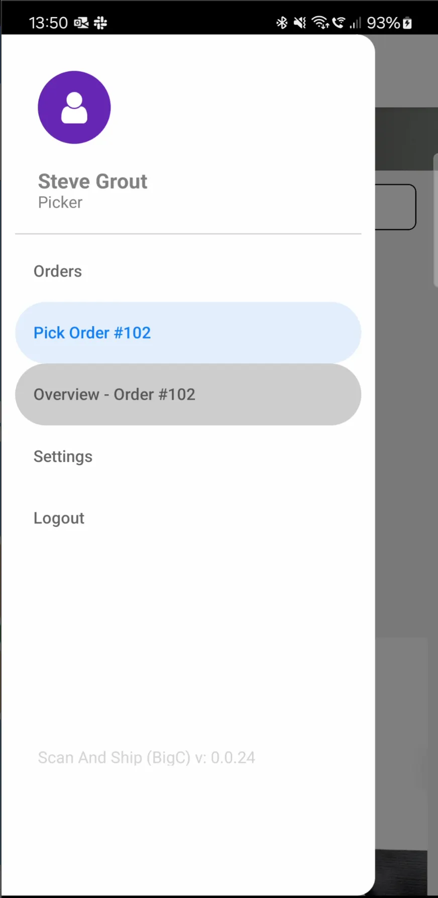 Scan And Ship Android app nav menu with the Overview option highlighted