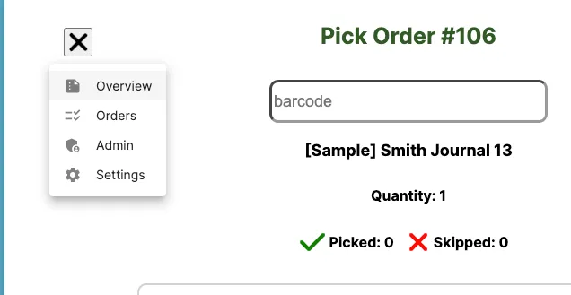 Pick Order nav menu with the Overview option highlighted