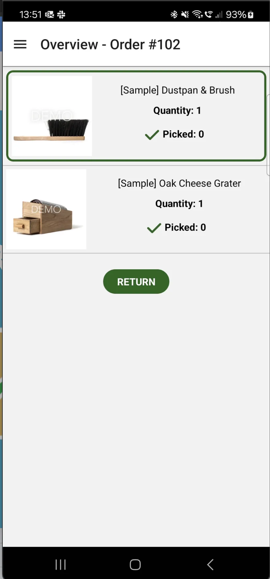 Scan And Ship Android app overview screen showing the status of items in the order