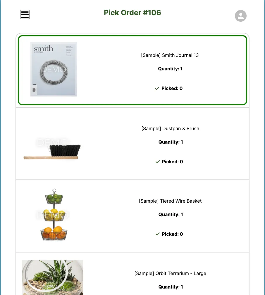 Overview screen showing the status of each item in the order