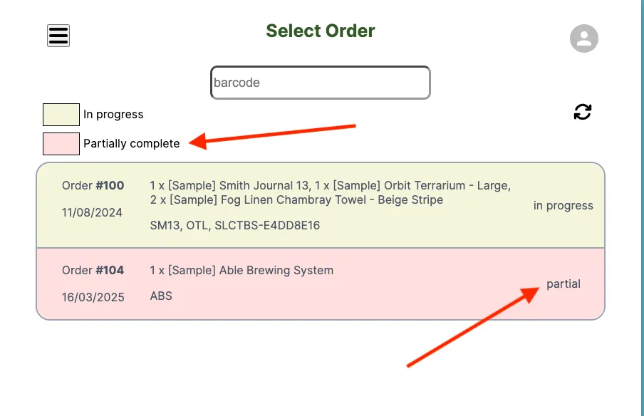 Orders screen showing an order marked as Partially Complete