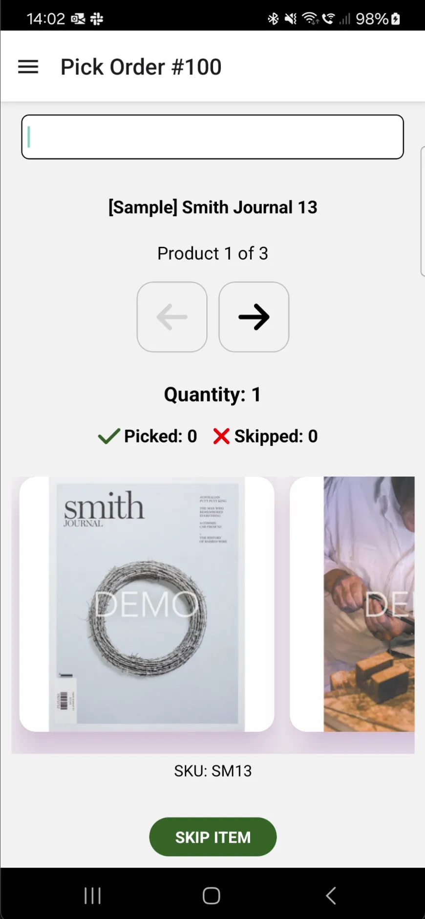 Scan And Ship Android app screen for picking the items in an order