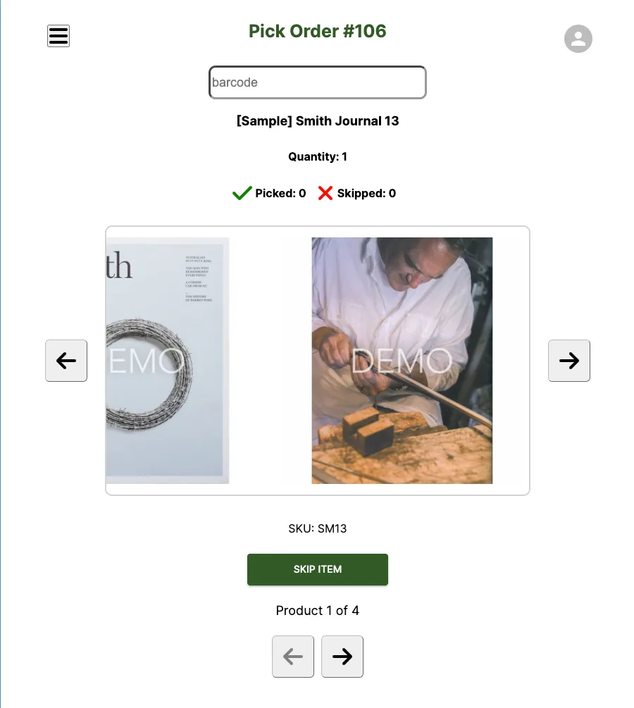Pick Order screen listing the items to pick for the selected order