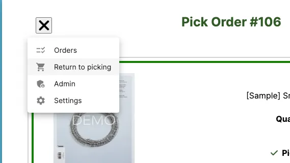 Overview nav menu with the Return to picking option highlighted