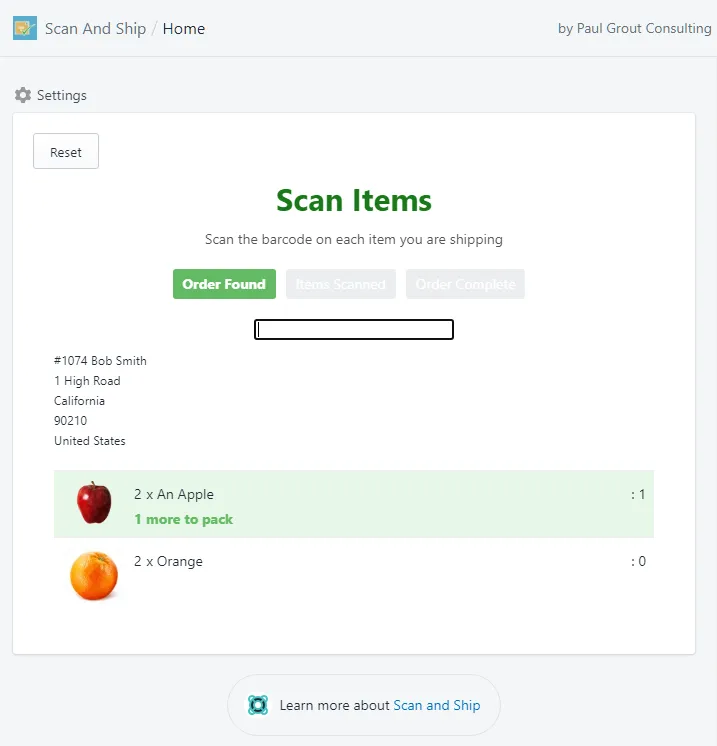 Order items list showing one item highlighted after being scanned once