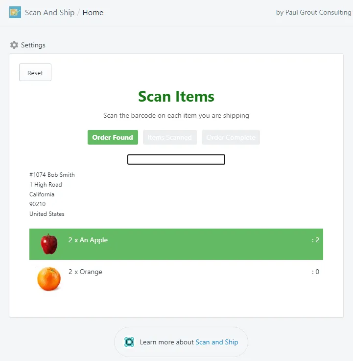 Order items list showing an item highlighted dark green after its full quantity was scanned
