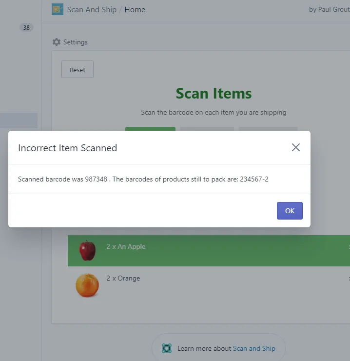 Error message shown when a scanned item does not match the order