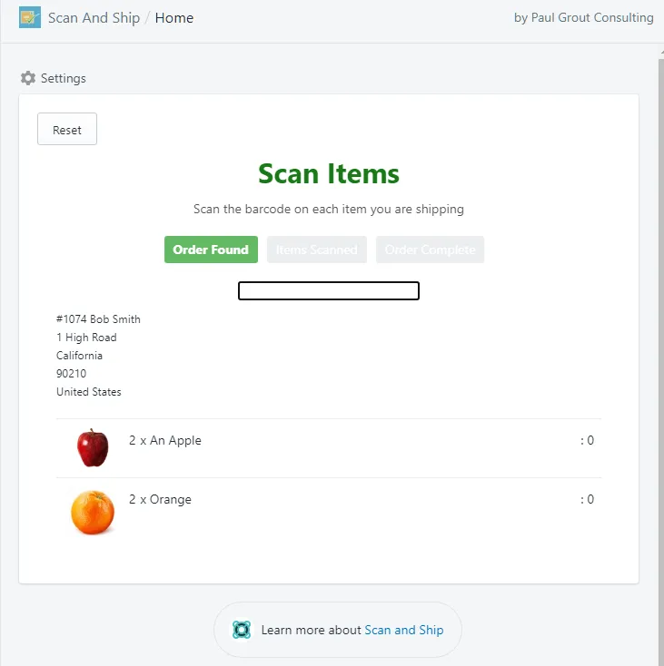 Order details screen listing the items to be scanned for this order