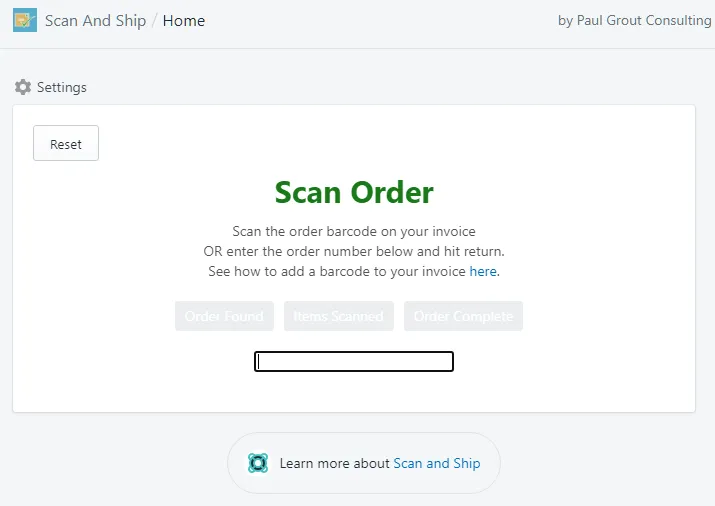 Scan And Ship start screen prompting you to scan an order