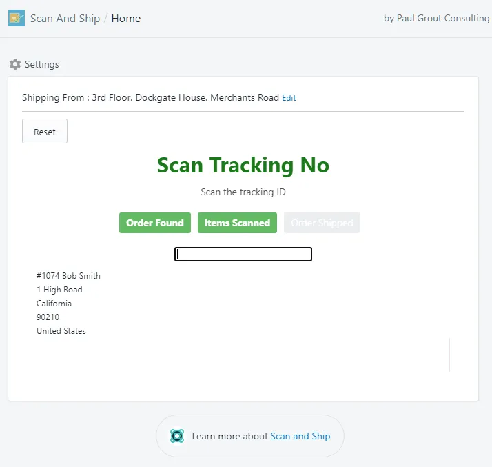 Scan And Ship screen prompting for the shipment's tracking number barcode