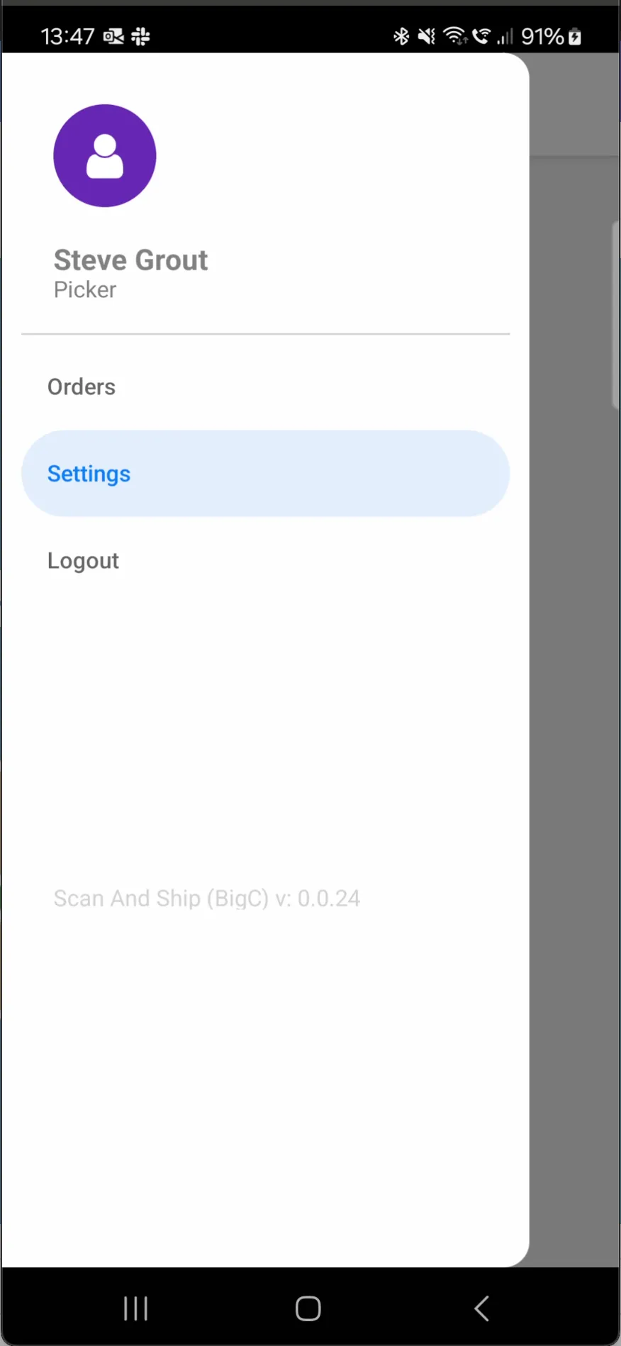 Scan And Ship Android app nav menu with the Settings option highlighted