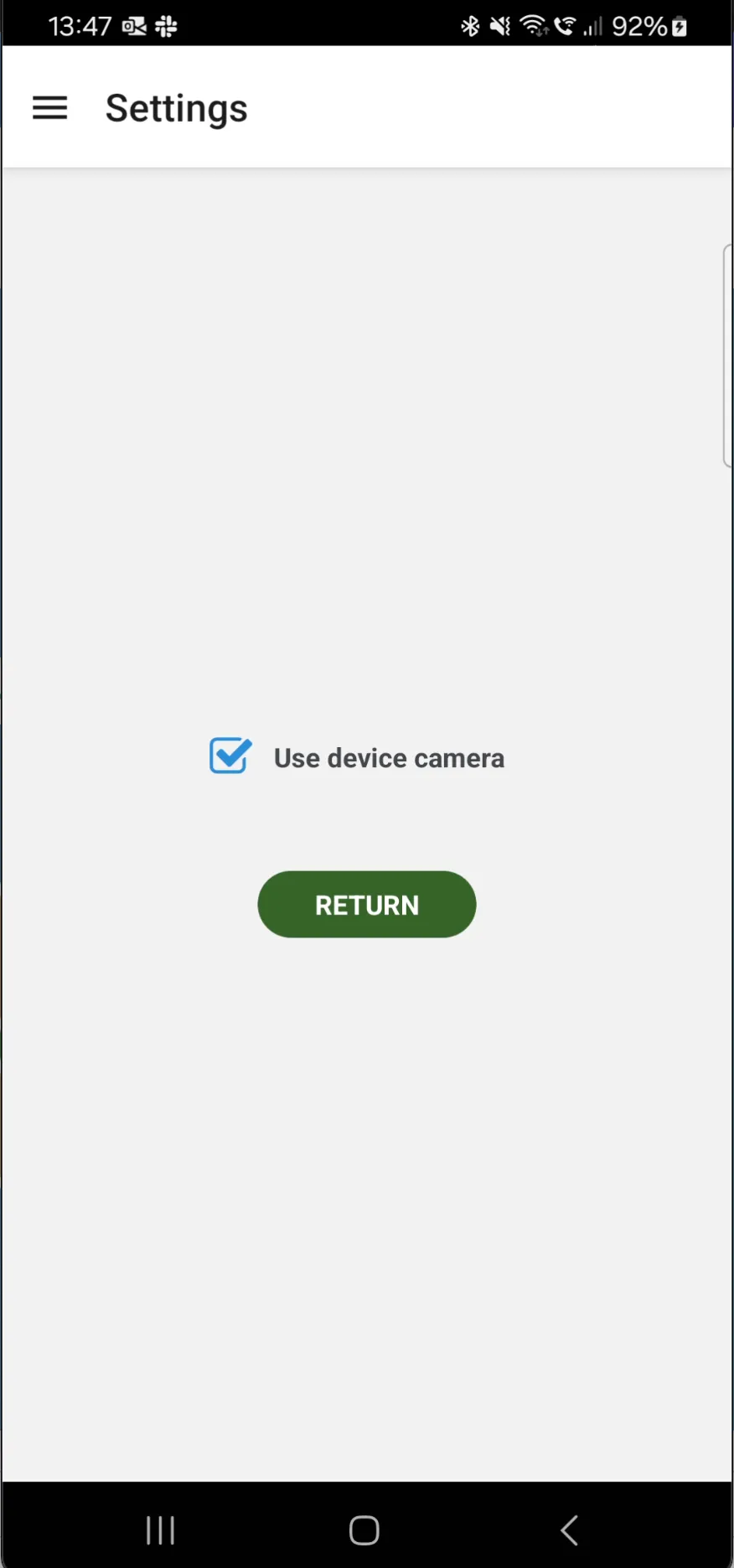 Scan And Ship Android app settings screen for choosing between camera and bluetooth scanning