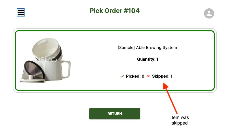 Order overview showing an item marked as skipped