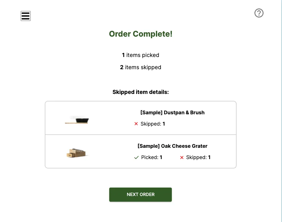 Summary screen listing the picked and skipped items for a completed order