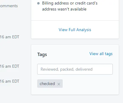 Shopify order detail page showing the checked tag added by Scan And Ship
