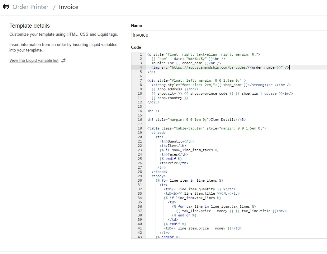 Order Printer template editor with the barcode liquid tag added to the invoice template
