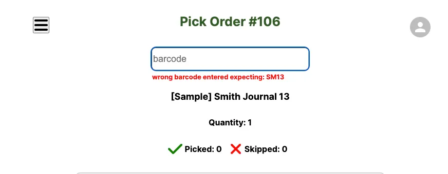 Error message shown after scanning a barcode that doesn't match the expected item